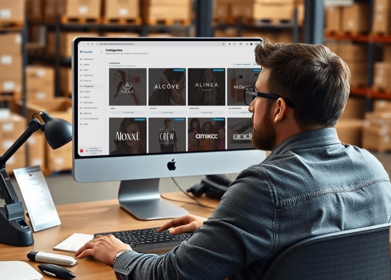 A distributor reviews product categories in the Nymble admin on a desktop, warehouse shelving behind him