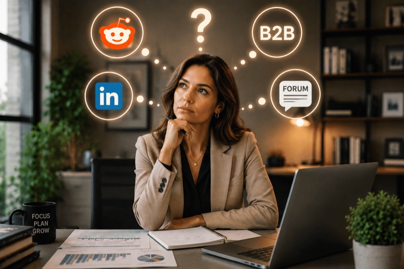 A businesswoman at her laptop looks up at glowing Reddit, LinkedIn and B2B forum icons