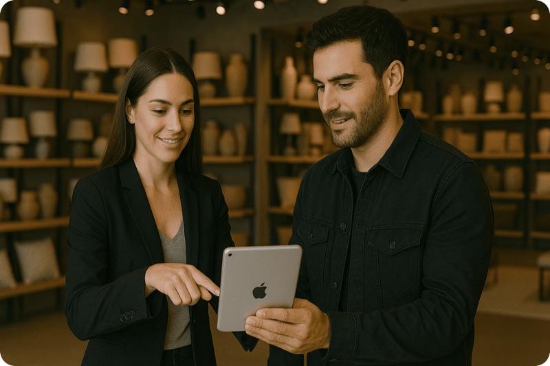 Two colleagues smile at a tablet together in a showroom lined with shelves of lamps