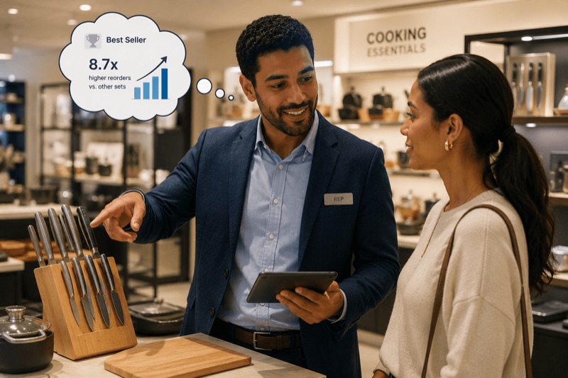 A store rep shows a customer a knife set beside a floating 'best seller, 8.7× higher reorders' callout